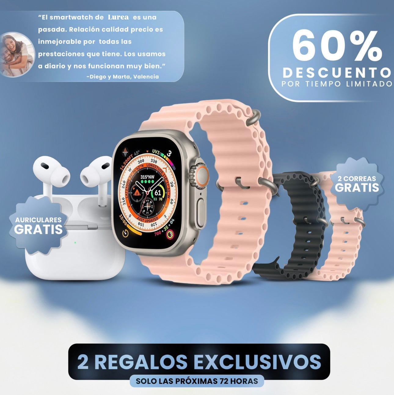 Smartwatch Lurea Pro™ + 2 Correas y Auriculares (Gratis)- Edición limitada