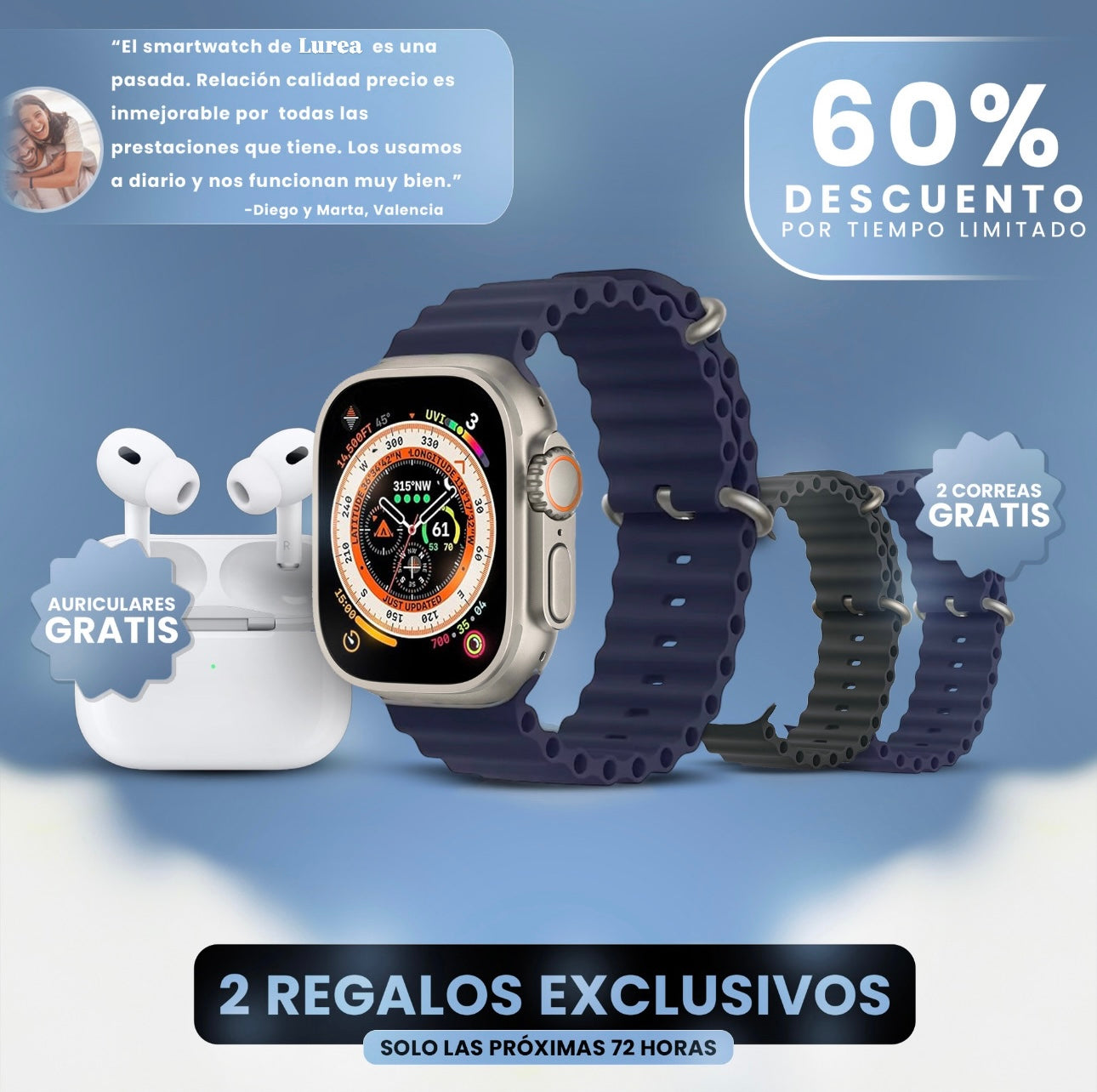 Smartwatch Lurea Pro™ + 2 Correas y Auriculares (Gratis)- Edición limitada